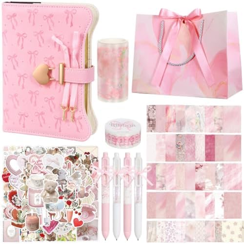 Janlaugh DIY Journal Diary with Lock Pack Scrapbook Kit, Pink, Bow | Stationery Diary Supplies, Scrapbook Supplies Art Crafts Kit for Birthday Holidays Ideal Gifts, Feather Bookmark Stickers