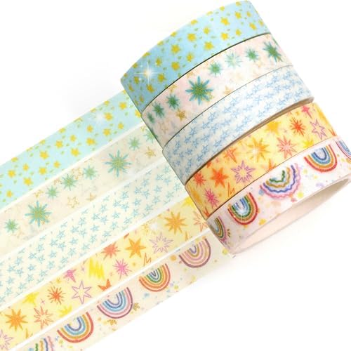 Cute Pattern Washi Tape Set 5 Rolls Glitter Cover Decorative Wide Kawaii Masking Tapes for Arts, DIY Crafts, Journals, Planners, Scrapbook, Wrapping (6 Starry Sky)