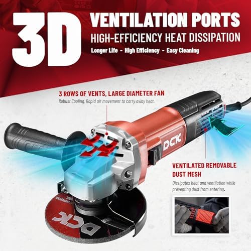 DCK 9.0Amp Angle Grinder 1100W, 4-1/2 Inch Electric Grinder Power Tool, 11800 RPM, Auxiliary Handle 2 Safety Guards, 6 Piece Discs, Copper Angle Grinder for Cutting, Grinding, Polishing (KSM17-115B)
