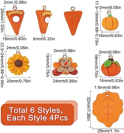 SUNNYCLUE 1 Box 24Pcs Thanksgiving Charms Leaf Charm Handmade Polymer Clay Fall Autumn Animal Turkey Pizza Pumpkin Sunflowers Flatback Pendants for Jewelry Making Findings DIY Craft Supplies