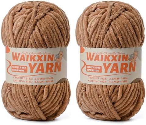 （2 Light Coffee） 2 Pack Super Soft Fuzzy Chenille Chunky Yarn for Crocheting, 200g (175yds) Fluffy Velvet Yarn for Hand Knitting Baby Blankets Weaving Craft