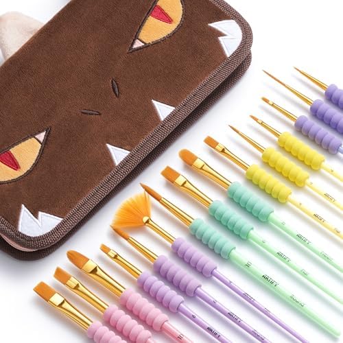 Artify Paint Brushes for Kids, 15-Sizes Paint Brush Set for Kid's Art and Crafts, Cute Dino Bag | Ergonomic Donuts Handle | Kids Paint Brushes for Acrylic, Oil, Watercolor, Gouache, Paint by Numbers