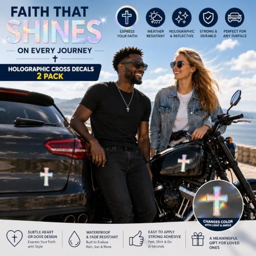 Christian Holographic Cross Car Decal, Hologram Heart, 2 Pack