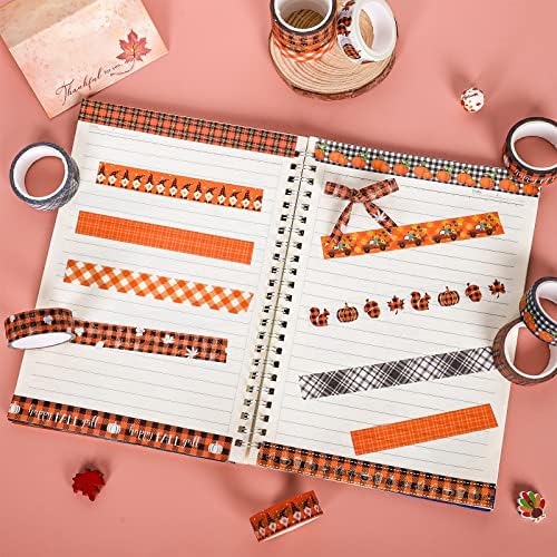 Whaline 12 Rolls Fall Plaid Washi Tapes Colorful Buffalo Plaid Autumn Pumpkin Truck Maple Leaves Gnome Pattern Masking Tape Decorative Tape for Fall Scrapbook Journal DIY Craft Gift Wrapping, 0.6Inch