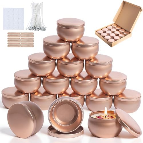 Hiztghc Candle Tins with Lids, 16 Pcs Empty Candle Tins, Metal Candle Jars for Making Candles, Candle Tins with Wicks, Wick Holders & Stickers, Candle Tin for Candle Making, Storage, Gifts