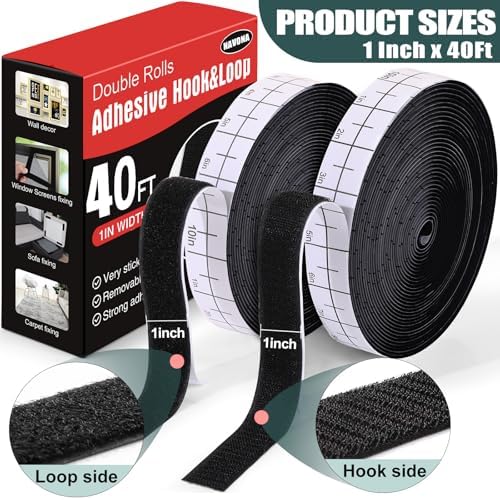 Navona 40Ft x 1 Inch Heavy Duty Hook and Loop Strips with Adhesive, Black