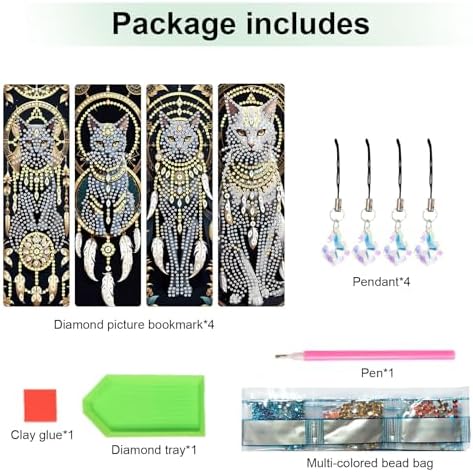 4-Piece Dreamcatcher Cat Diamond Painting Bookmarks Set for Adults – DIY 5D Rhinestone Art Bookmark Kits with Tassels, Beautiful Diamond Art Bookmarks for Crafts and Gifts
