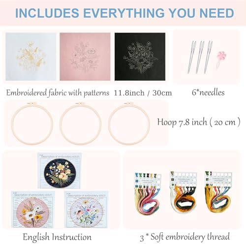 Silentsea 3 Embroidery Kits-Beginner Collection, Includes All Needed 3 Plastic Hoops, 3 Embroidery Fabrics with Patterns, Threads, Needles, and More.