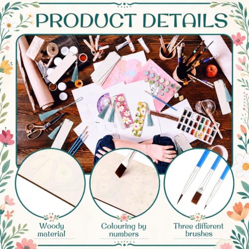Kosiz 24 Pcs Butterfly Flowers Paint by Number Kit for Adult Wood Bookmark | Mini Paint by Numbers Kit, Painting Decor, Tassels Blank Bookmarks, for Small DIY Craft Book Lovers Gift 7x2 ''