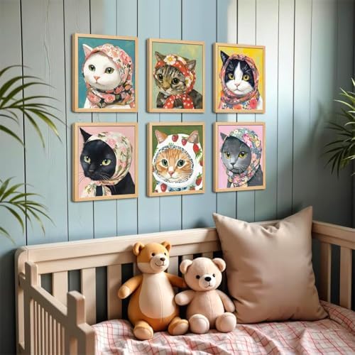 DAZZLEDOTS 6 Pack Funny Cat Diamond Art Kits for Adults, Babushka Cats Diamond Painting Kits for Beginner DIY 5D Full Drill Diamond Dots Crafts for Home Wall Decor Gifts 12x16 Inch