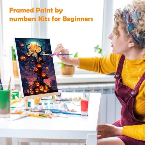 MOGTAA Halloween Paint by Numbers Kit for Adults Beginners with Frame, Pumpkin Tree Adult Paint by Number Kits on Canvas with Easel, Easy DIY Landscape Oil Painting Kits for Home Decor, 8x12in