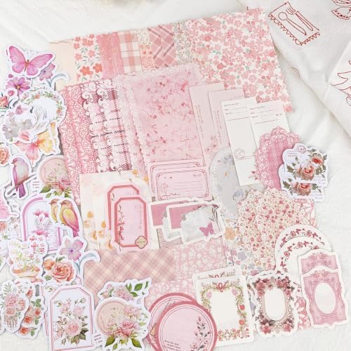 ZUFECY Pink Scrapbook Paper Kit, 100 Pieces, Vintage Floral Theme, for Junk Journal, Card Making, Planner Decor and DIY Crafts