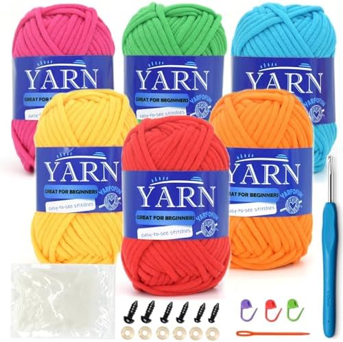 6 Pack Beginners Crochet Yarn Cotton for Beginners Crocheting and Knitting Cotton Nylon Blend Easy Yarn for Beginner Crochet Kit-Bright Series