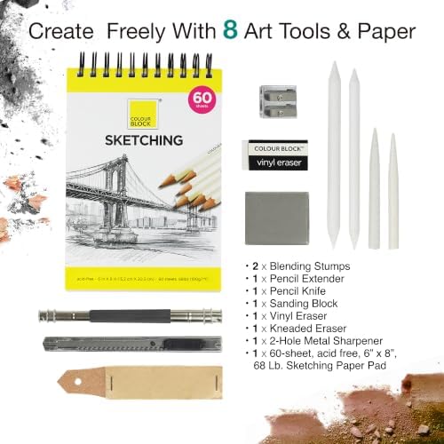 COLOUR BLOCK Drawing Travel Art Set 37 PCS, Pencils & Kits-Art Supplies for Kids, Teens, Adults-Colored Pencils, Charcoal, Pastels, Sketch Books for Artists, Anime Drawing, Architecture