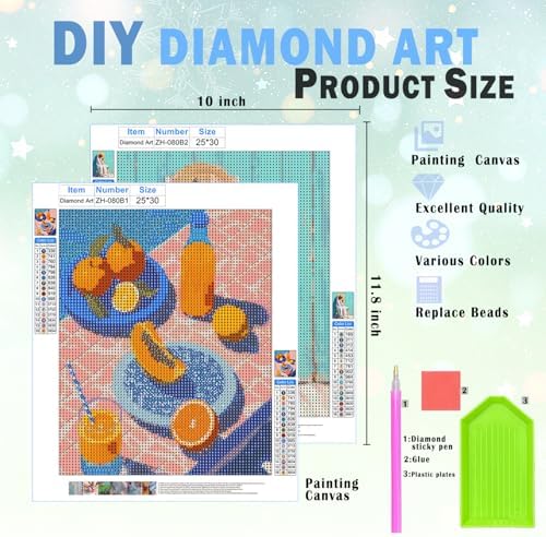 XUNLURY Summer Coastal Diamond Art Kits 2 Pcs, Vibrant Citrus Fruits Straw Hat Beach Diamond Painting Kits for Adults Beginners, Full Drill Diamonds Dots for Home Decor, 9.8x11.8 Inch