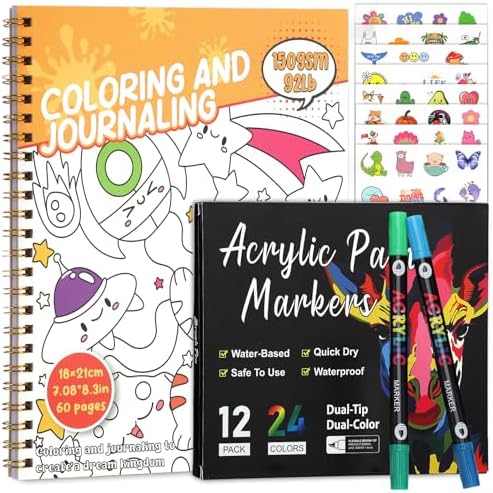 150gsm Coloring Book with Markers, 7x8.3in Travel Coloring Kit for Kids