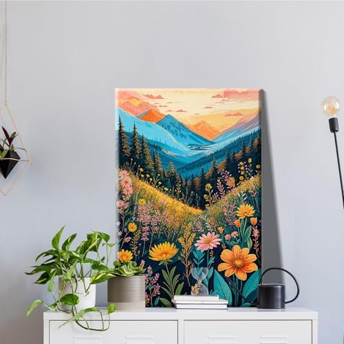 JOOZ Mountain Paint by Numbers Kit for Adults with Frame, Flowers Paint by Number with Easel, DIY Landscape Adult Paint by Number Kits Framed Canvas for Home Wall Decor 8 x 12 Inch