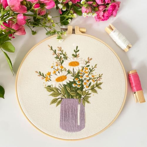 Myfelicity Embroidery kit,Floral Embroidery Art Kit, Set of 3, Decorative Pitcher Designs with Sunflowers and Wildflowers