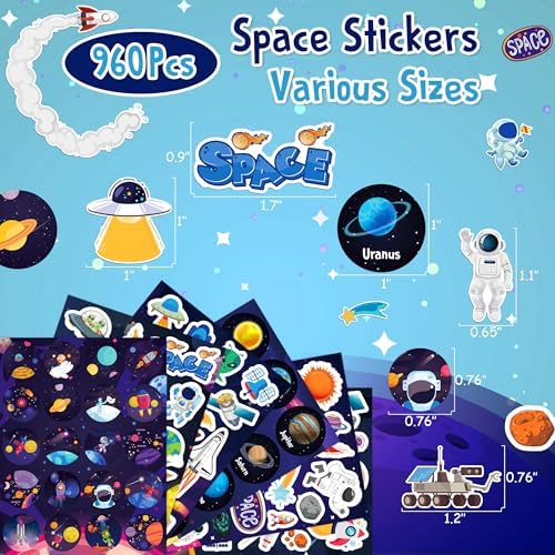 LINAYE 48 Sheets Space Stickers for Kids, 960 PCS Solar System Planets Outer Stickers for Classroom School, Waterproof Self Adhesive Crafts for Kids,Galaxy Outer Space Party Favors Reward for Students