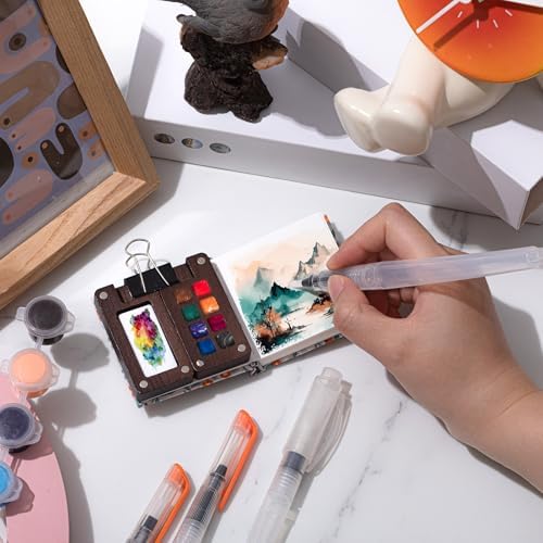 Qilery Mini Portable Watercolor Palette Set Wooden Grid Paint Box Watercolor Paper Sketch Book Brush Pens with Binder Clip for Painters Artist Not Include Paint(Blue Flowers)