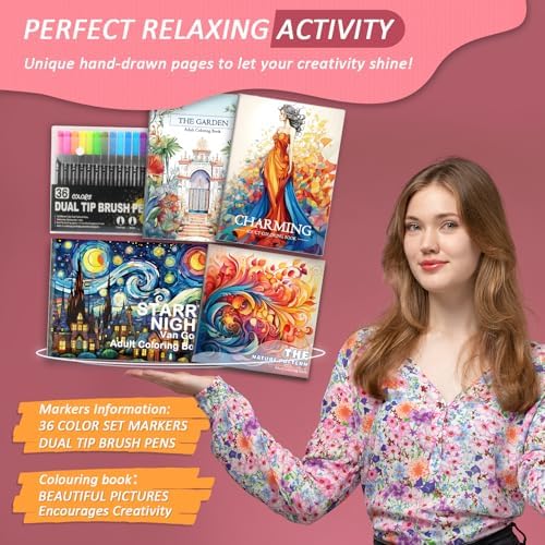 4Pcs Mindfulness Coloring Books for Women with 36 Dual Tip Colors Markers