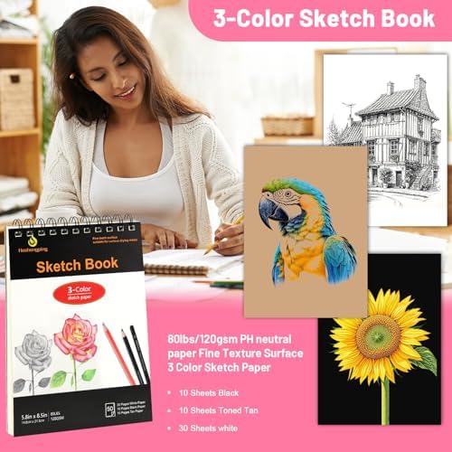 80pcs Drawing Kit Sketching Set Art Sketch Supplies Coloring pencils Kit 48 Colored pencil,14 Graphit, 6 Charcoal, 50 Page 3-Color sketckbook coloring book Portable Case ect. Beginners Artists Adults