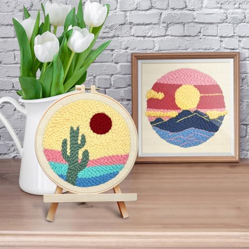 ERKOON Punch Needle Kit Adults Beginners, 2 Pcs DIY Easy Landscape Embroidery Set for Starter Art Craft, Needling Punching Project with Patterns, Tools, Yarns, Hoop, Instruction (Desert & Afterglow)