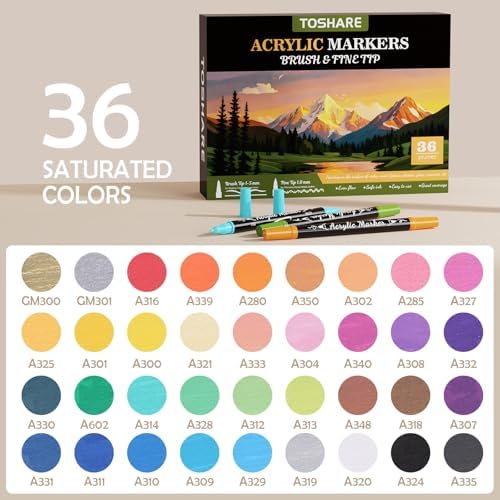 36 Colors Precision Dual Tip Acrylic Paint Markers Pens - Brush & Fine | Performs on Rock, Wood, Paper, Fabric, Egg, Scrapbook, Glass, Ceramic, Canvas, DIY Crafts Art Gift - School Supplies