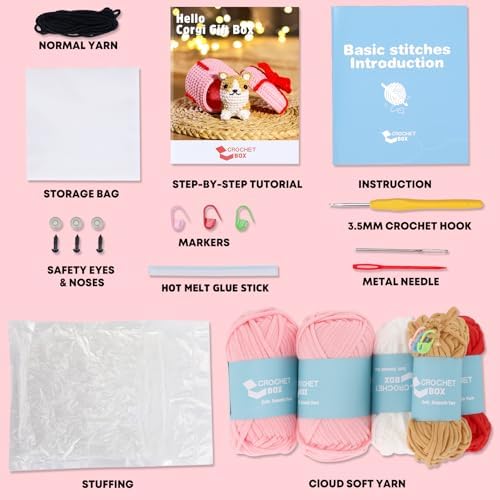 CrochetBox Crochet Kit for Beginners Adults - Corgi Dog Starters Crochet Kit, Beginners Crocheting Kitting for Adults Teen, DIY Craft Gifts with Crochets Yarns, Hook, Step-by-Step Video, Instruction