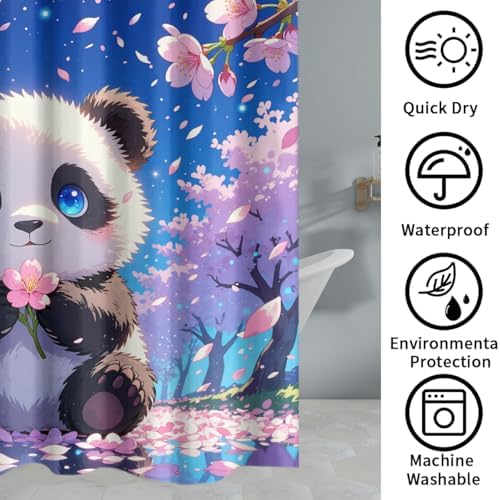Funny Cute Baby Panda 4 Piece Shower Curtain Sets,Cartoon Anime Kawii Panda Bears Non-Slip Rugs,Toilet Lid Cover and Bath Mat,Japanese Cherry Blossoms Bathroom Decor Set