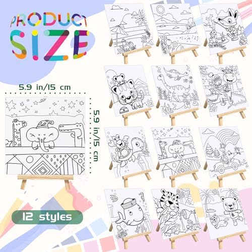 SytuHete 48PCS 12 Sets Printed Canvas Paint Art 12 Pcs Wooden Easel Set Paint Pots and Brushes and 12 Pre Drawn Canvas Panel 12 Pcs Mini Apron and Tote Bag for Kids(Classic)