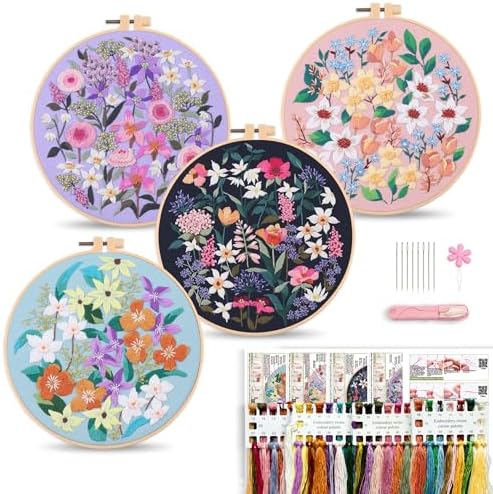 Harimau Adult Beginner Embroidery Starter Kit, Complete Set with 4 Patterns, 2 Hoops, Needles, Scissors, Instruction Guide & Stitching Video Tutorials