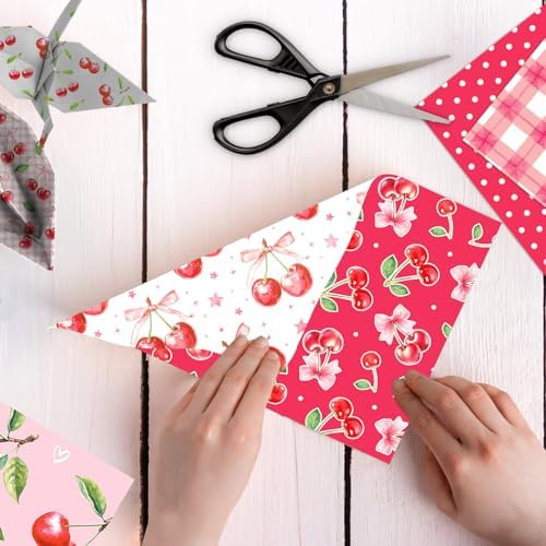 Pink Cherry Scrapbook Paper Cerise Grid Pattern Papers Pad 12×12,24 Sheets Double-Sided Spring Bobo Floral Scrapbooking CardStock Paper Pad for Holiday Cardmaking DIY Origami Papers.