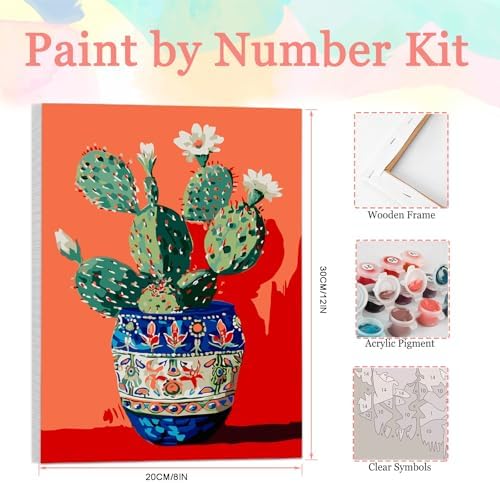 Auremi Cactus Framed Paint by Number for Adults,DIY Flower Painting by Number Kits on Canvas Acrylic Oil Painting Kits for Adults Paint by Number Kits for Home Decor 20x30cm