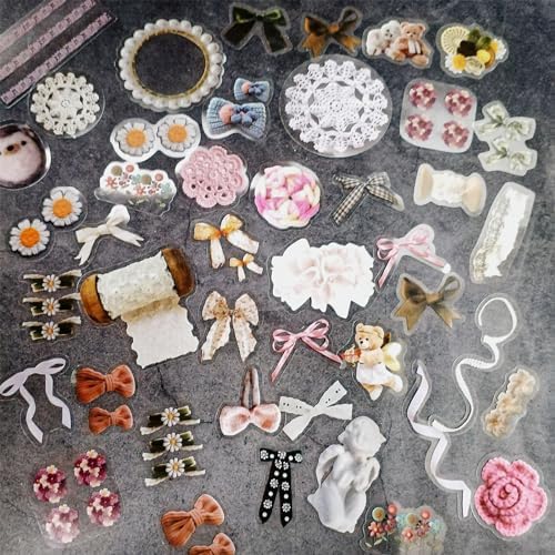 160PCS Cute Stickers, Vintage Ribbon Lace Knitting Bear Scrapbook Sticker Bow Home Decorative Decals for Scrapbooking Journaling Supplies Junk Journal Planners Crafts Gift for Adults Teen