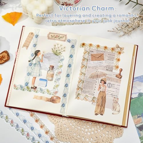 200 Pcs Vintage Lace Stickers for Kpop Photocard Deco | 100 White & 100 Colorful PET Border Stickers | 0.6 x 6 Self-Adhesive Lace Frame Stickers for Toploaders, Journaling, Scrapbooking & DIY Crafts