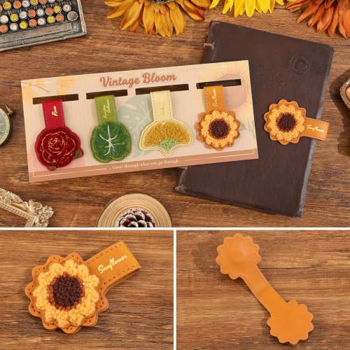 4PCS Leather Flower Magnetic Bookmarks Set，Vintage Bloom Book Markers for Reading Women & Men，Reading Accessories for Book Lovers，Readers，Adults & Kids，Unique Gifts for Festivals & Remembrance Days