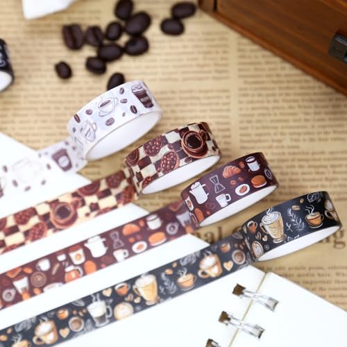 12 Rolls Washi Tape Set, Coffee Themed Decorative Tape Vintage Watercolor Brown Cafe Caffeine Masking Tape for Journaling Supplies,Junk Journal, Scrapbooking,Planner,DIY Arts & Crafts Supplies