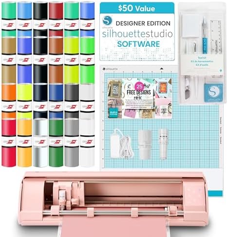 Silhouette America Cameo 5 Alpha (α) - Smart Cutting Machine, Matte Pink (Starter Bundle) - Includes Designer Edition Software, 24 Oracal Vinyl Sheets, Tool Kit & 25 Free Designs for DIY