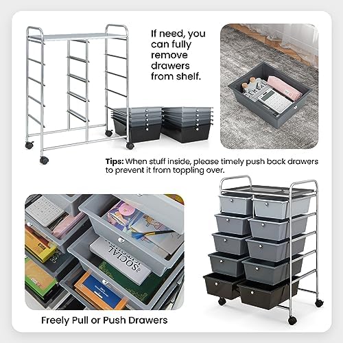 Giantex 10 Drawers Rolling Cart, Classroom Organizers, Storage Cart with Wheels, for Teacher Office Home School Supplies Tool Craft Art Paper, Black Gradient