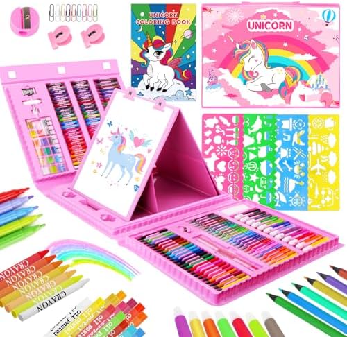 homicozy Art Supplies for Kids,Drawing Kits Unicorn Art Case Coloring Set with Double Sided Trifold Easel,Crayon,Colored Pencil,Marker,Coloring Book,Stencil,Sticker,Drawing Stuffs Gifts for Girls 4-12