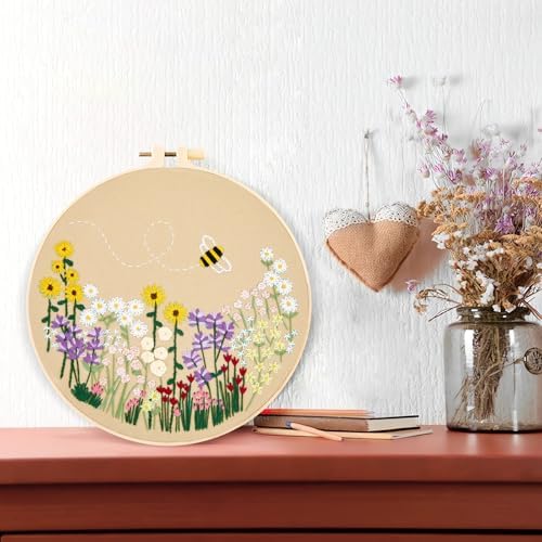 Flowers Embroidery Kits for Beginners Adults, Floral Hand Embroidery Set Needlepoint Kits, Stamped Cross Stitch Kits for Beginners Adults, 2 Embroidery Hoops, Fabric, Thread (Attached Video Tutorial)