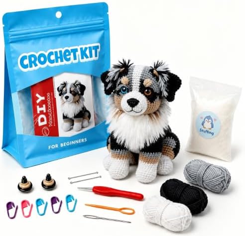 Beginner Crochet Kit for Adults & Teens, Australian Shepherd Dog Amigurumi Crochet Kit, Complete DIY Craft Supplies with Instructions, Cute Puppy Animal Starter Kit, Handmade Gift for Crochet Lovers