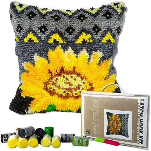 YP Latch Hook Kits for Kids and Adults DIY Throw Pillow for Home Decoration Sunflower Cover Cushion Cover Hand Craft Crochet for Festival Gift,17" X 17"