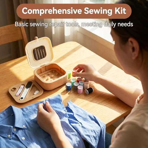 Portable Sewing Kit for Adults and Beginners, 41 Pcs Needle and Thread Set with Storage Case for Clothing Repair, Buttons and Small Tears, Includes Needles, Thread, Scissors and Tape Measure, Brown