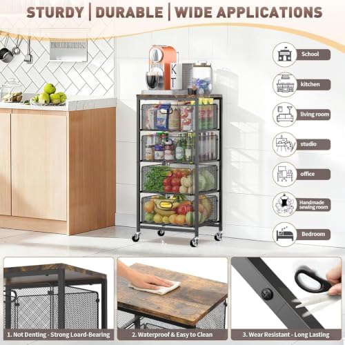 SUNALLY Kitchen Storage Cart with Drawers,Metal Snack Cart Organizer,Black