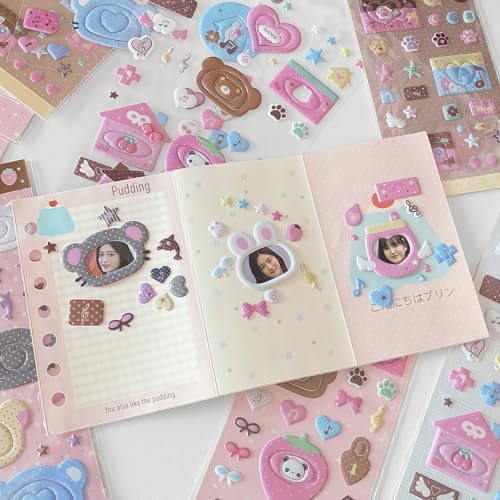 4 Sheets 3D Puffy Stickers, Kawaii Cartoon Stickers Cute Animals, Desserts, Music Pink Aesthetic Foam Stickers for Scrapbooking, Journaling, DIY Crafts, Laptop & Water Bottle Decor