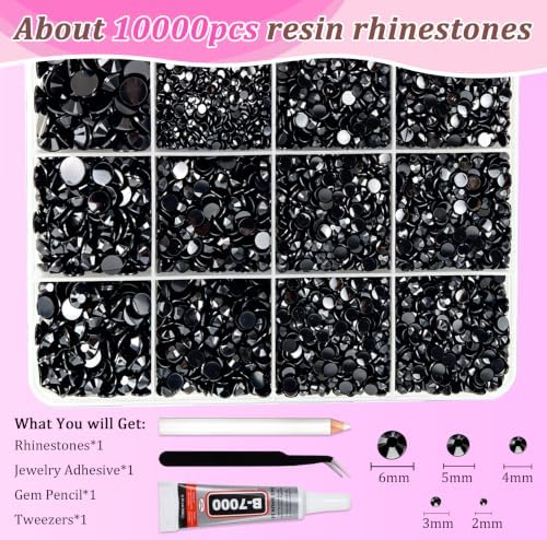 10000PCS Black Rhinestones Bedazzling Gems 2/3/4/5/6MM Mix Sizes Resin Jelly Bedazzler Kit Flatback with Complete Tools for DIY, Nail, Art Craft for Girls Gift