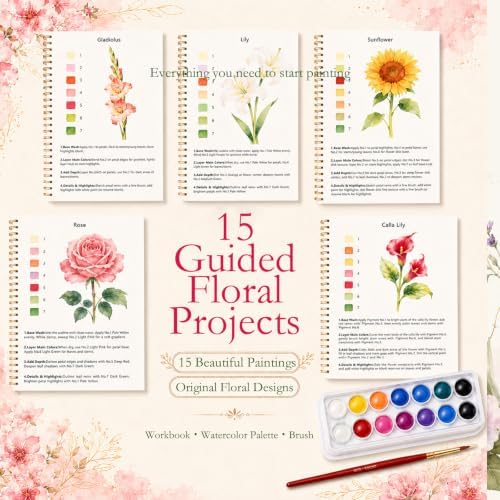 Watercolor Workbook for Beginners, 15 Beautiful Flower Water Coloring Book, Includes 24 Water Colors Workbooks Paint Set, Relaxing Art Projects and Creative Gift for Adults & Teen