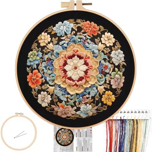 FONNUY Floral Embroidery Kit, Cross Stitch Kits for Beginners, Handmade Crafts with Printed Patterns for Beginner Adults, Easy to Follow Color Thread Needlework, 8'' Hoop (Wildfire of Blossoms)